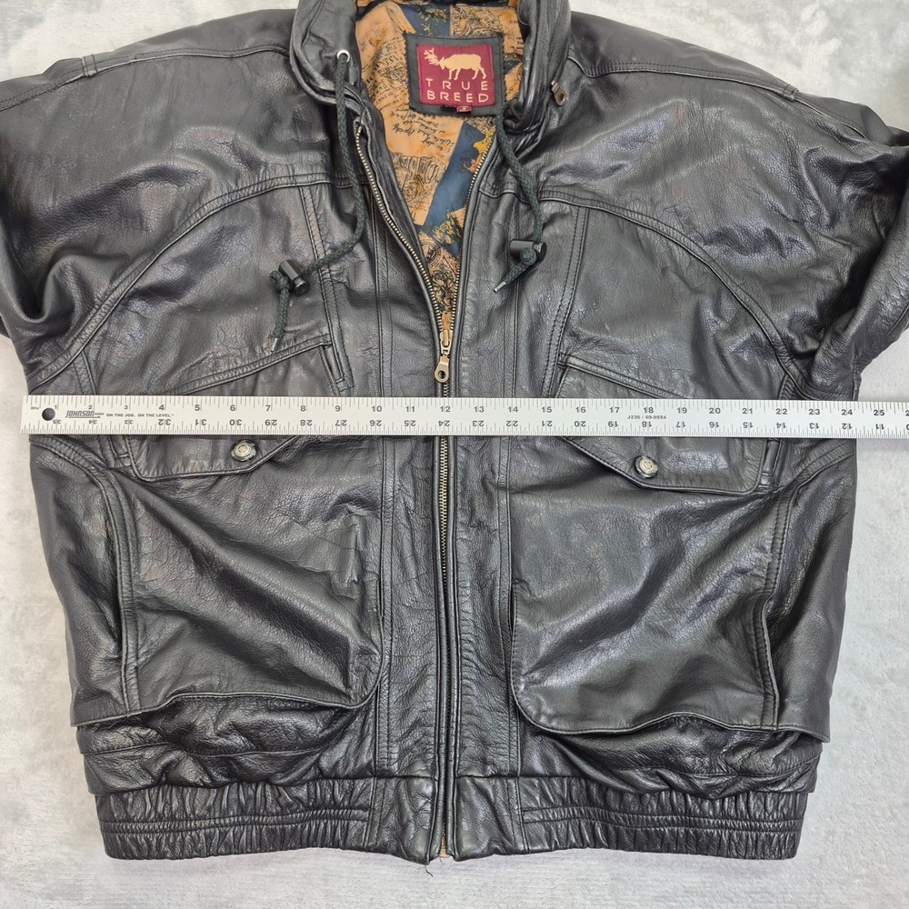 True Breed Mens Black Leather Bomber Jacket Vintage Map Lining Size M - Picture 9 of 13